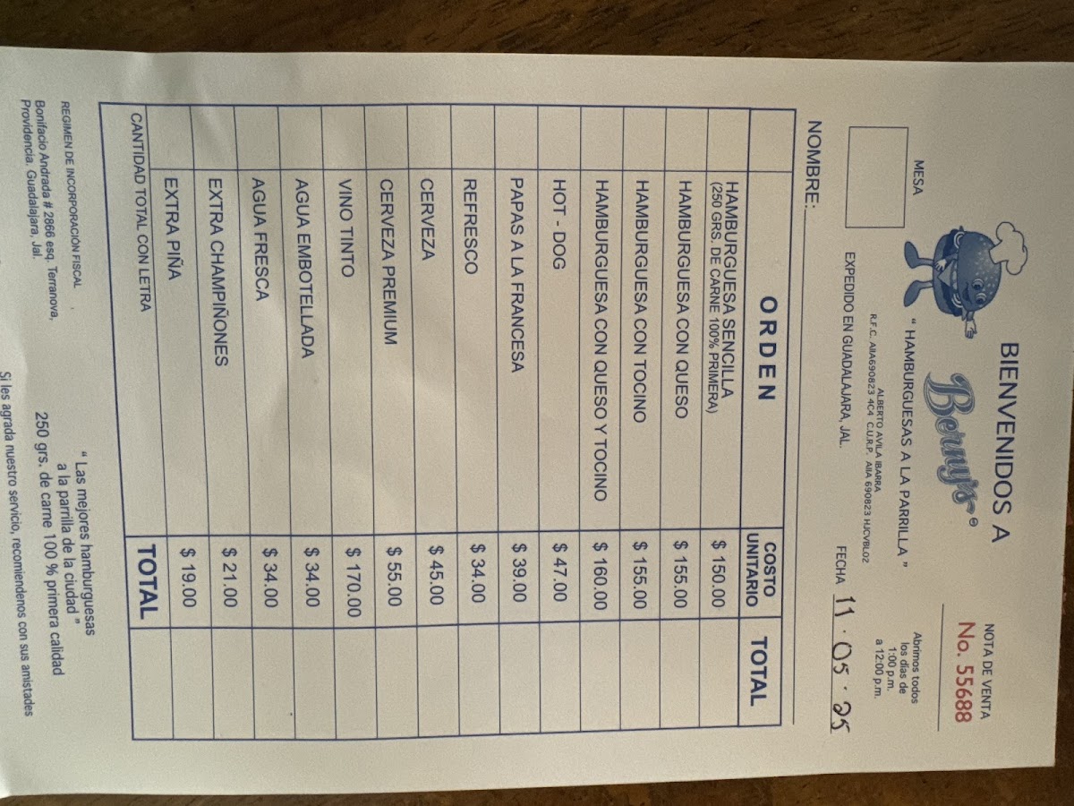 Berny’s Menu - Image 1